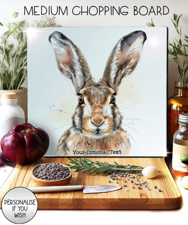 personalised hare face glass chopping board or worktop protector