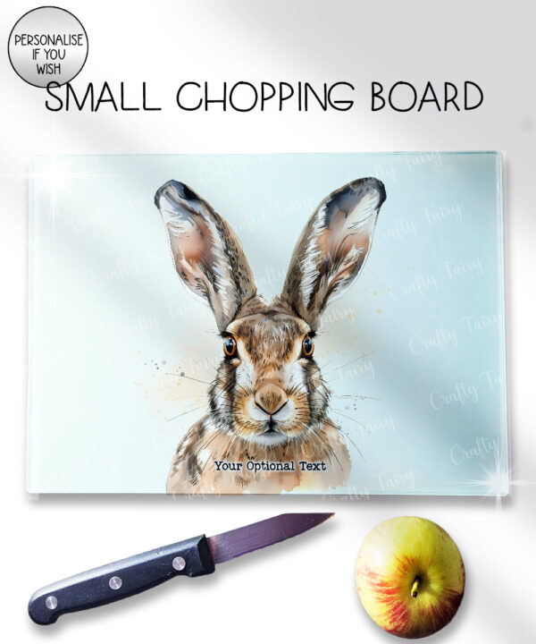 personalised hare face glass chopping board or worktop protector