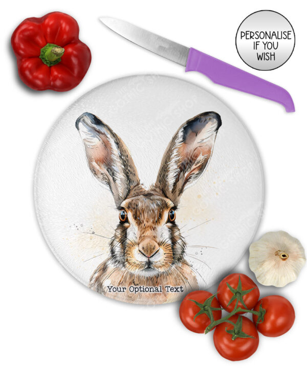 personalised hare face glass chopping board or worktop protector
