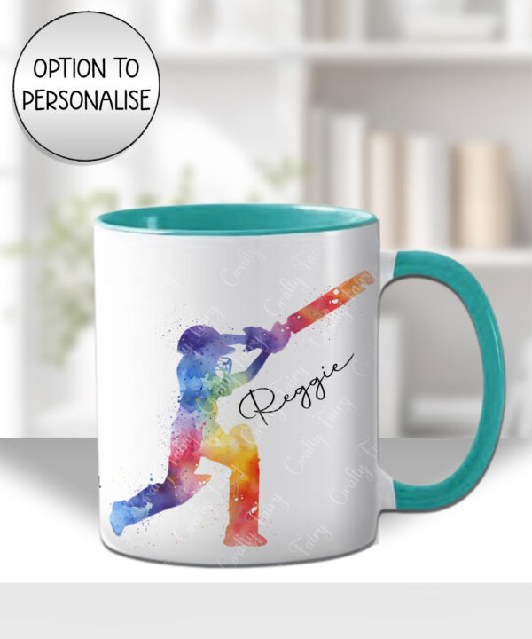 personalised watercolour colourful abtstact boy playing cricket mug gift