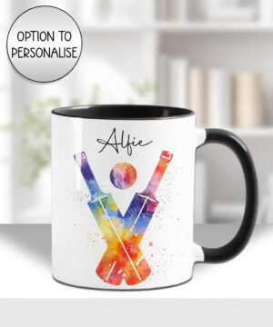 personalised watercolour colourful abtstact cricket bats & ball mug gift