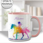 personalised watercolour colourful abtstact girl with ponytail on horse mug gift