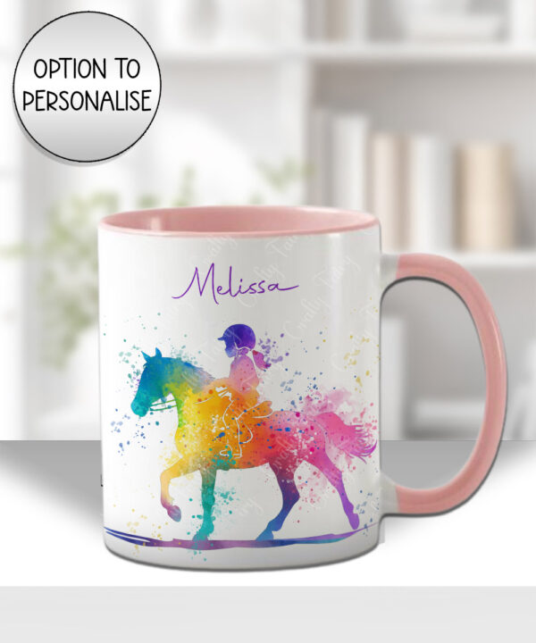 personalised watercolour colourful abtstact girl with ponytail on horse mug gift
