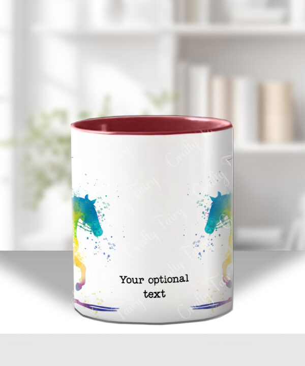 personalised watercolour colourful abtstact girl with ponytail on horse mug gift