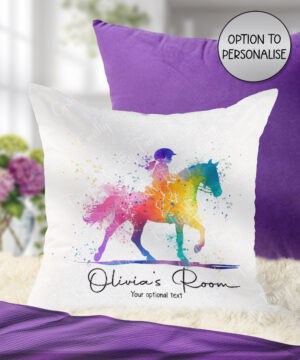 personalised colourful abtstact girl with ponytail on horse dual colour velvet cushion