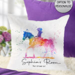 personalised colourful abtstact girl on horse dual colour velvet cushion