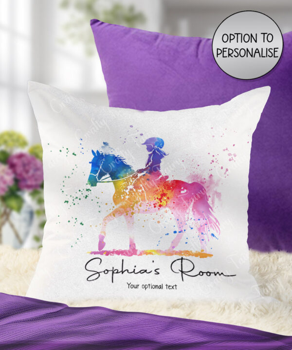 personalised colourful abtstact girl on horse dual colour velvet cushion