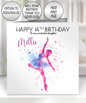 personalised colourful abstract watercolour dancer girl birthday card