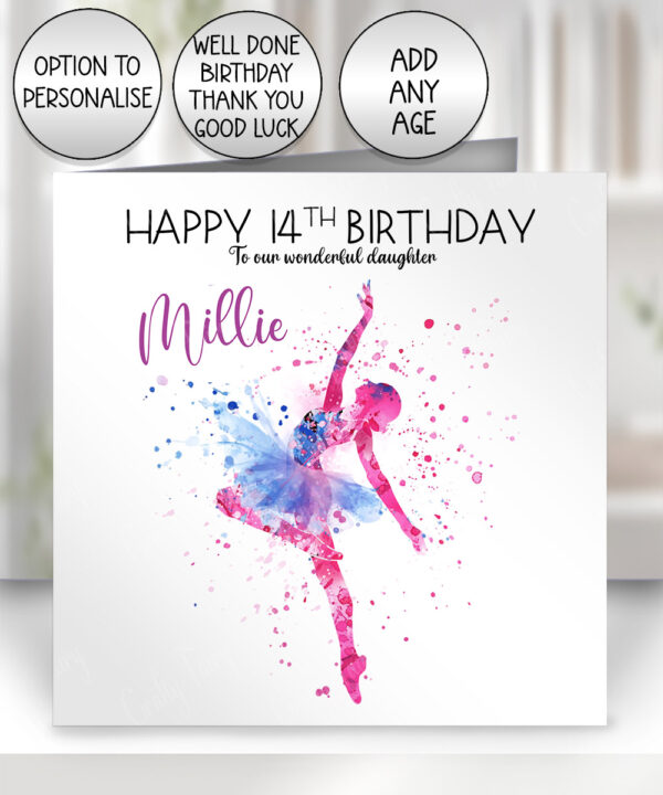 personalised colourful abstract watercolour dancer girl birthday card
