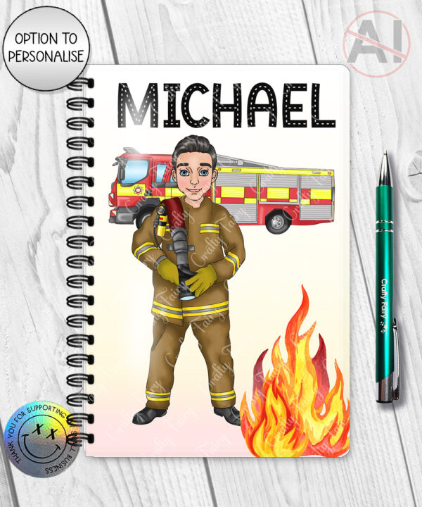 personalised male firefighter & fire engine superpower a5 notebook journal gift