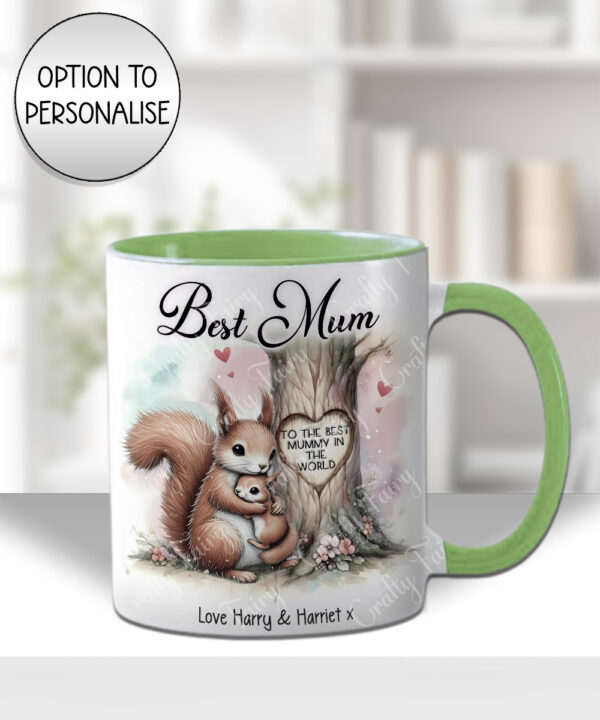 personalised mummy squirrel & baby under tree birthday/mother's day mug gift
