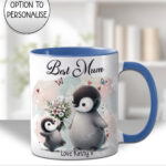 personalised mummy penguin and baby bunch of flowers birthday/mother's day mug gift