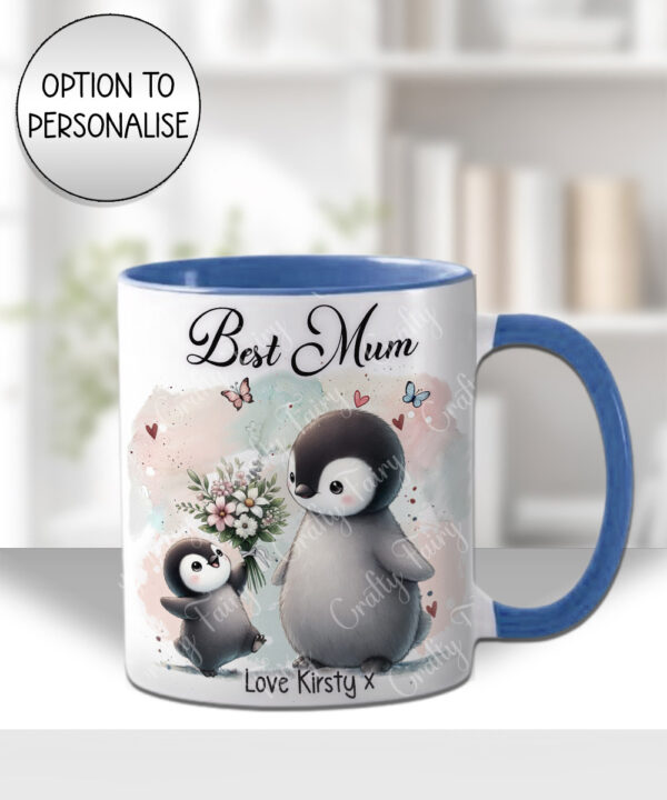 personalised mummy penguin and baby bunch of flowers birthday/mother's day mug gift