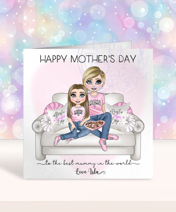 personalised mum & daughter on sofa mother's day card