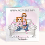 personalised mum & daughter on sofa mother's day card