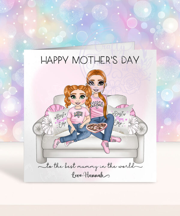 personalised mum & daughter on sofa mother's day card
