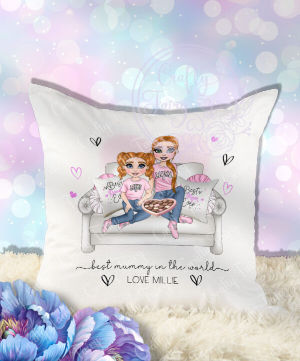 personalised mum & daughter on sofa white velvet cushion gift