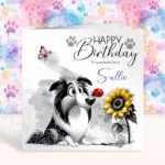personalised cute dog with ladybird & sunflower birthday card lots of breed choices