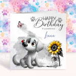 personalised cute whimsical labrador with ladybird & sunflower birthday card