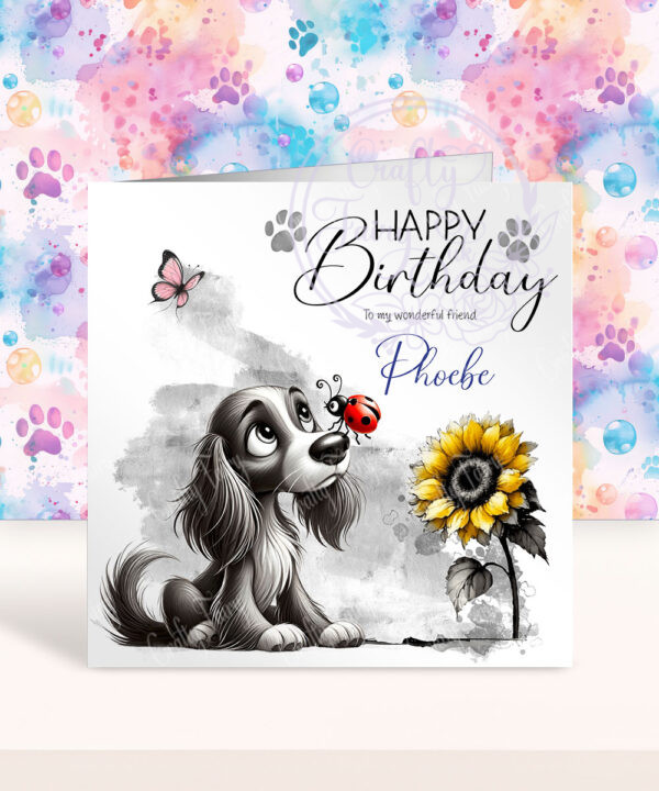 personalised cute whimsical spaniel with ladybird & sunflower birthday card