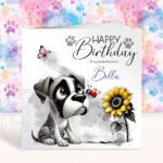 personalised cute whimsical boxer with ladybird & sunflower birthday card