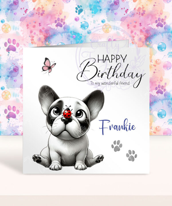 personalised cute whimsical "frenchie" french bull dog with ladybird birthday card