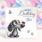 personalised cute whimsical dachshund with ladybird birthday card