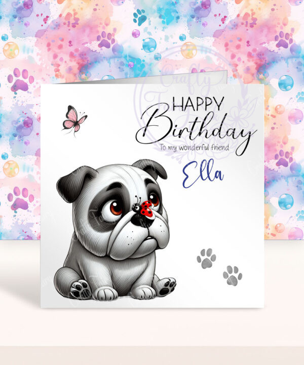 personalised cute whimsical english bulldog with ladybird birthday card