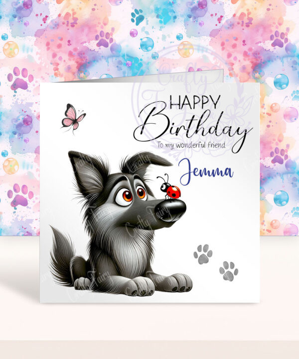 personalised cute whimsical german shepherd with ladybird birthday card