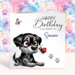 personalised cute whimsical rottweiler with ladybird birthday card