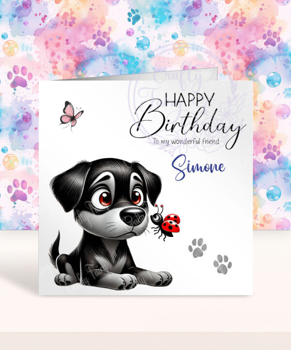 personalised cute whimsical rottweiler with ladybird birthday card