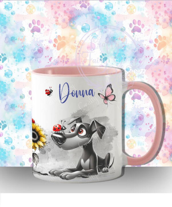 personalised cute whimsical dog with ladybird & sunflower mug lots of breed choices