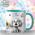 personalised cute whimsical dog with ladybird & sunflower mug lots of dog breed options