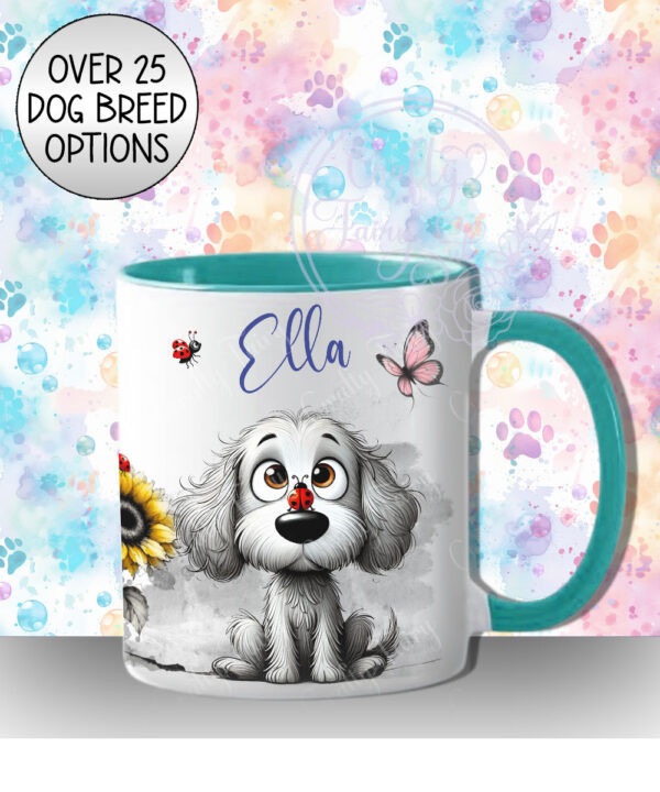 personalised cute whimsical dog with ladybird & sunflower mug lots of dog breed options