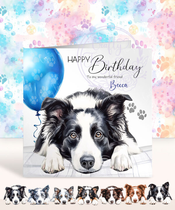 personalised cute border collie dog face happy birthday card