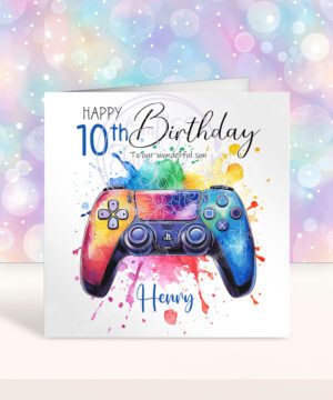 personalised colourful abstract watercolour ps gaming controller birthday card