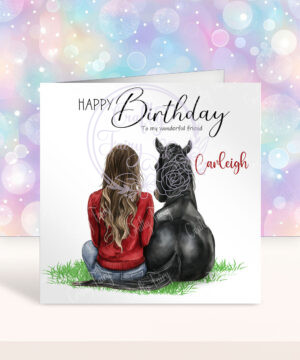 personalised black horse and girl with brunette hair birthday card