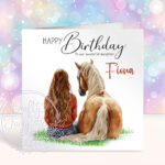 personalised chestnut horse and girl with red hair birthday card