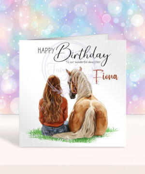 personalised chestnut horse and girl with red hair birthday card