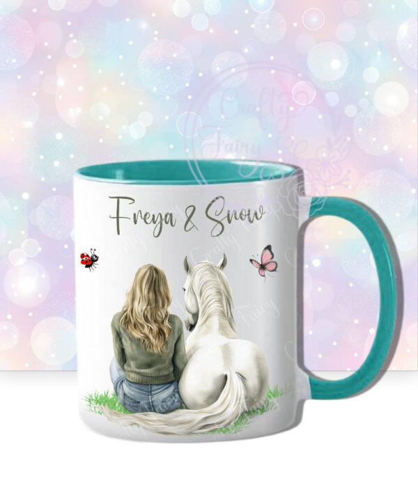 personalised white horse and girl with blonde hair horse lover mug gift