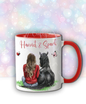 personalised black horse and girl with brunette hair horse lover mug gift