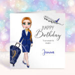 personalised female flight attendant in navy & yellow uniform birthday card