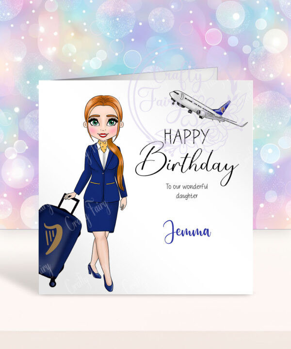 personalised female flight attendant in navy & yellow uniform birthday card