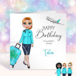 personalised female flight attendant in turquoise birthday card