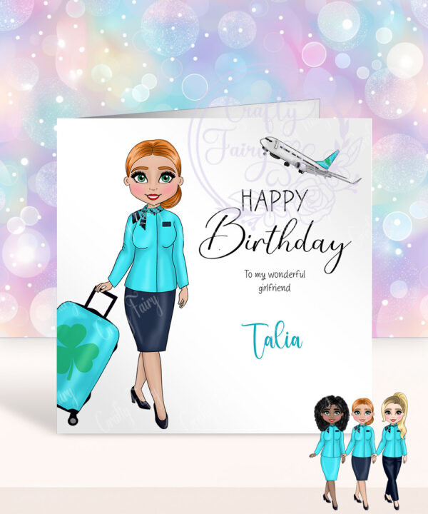 personalised female flight attendant in turquoise birthday card