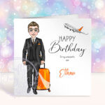personalised male flight attendant in black & orange birthday card