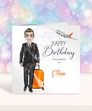 personalised male flight attendant in black & orange birthday card