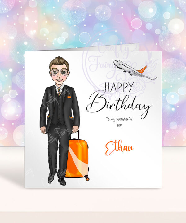 personalised male flight attendant in black & orange birthday card