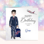 personalised male flight attendant in navy & red birthday card