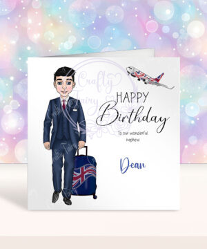 personalised male flight attendant in navy & red birthday card